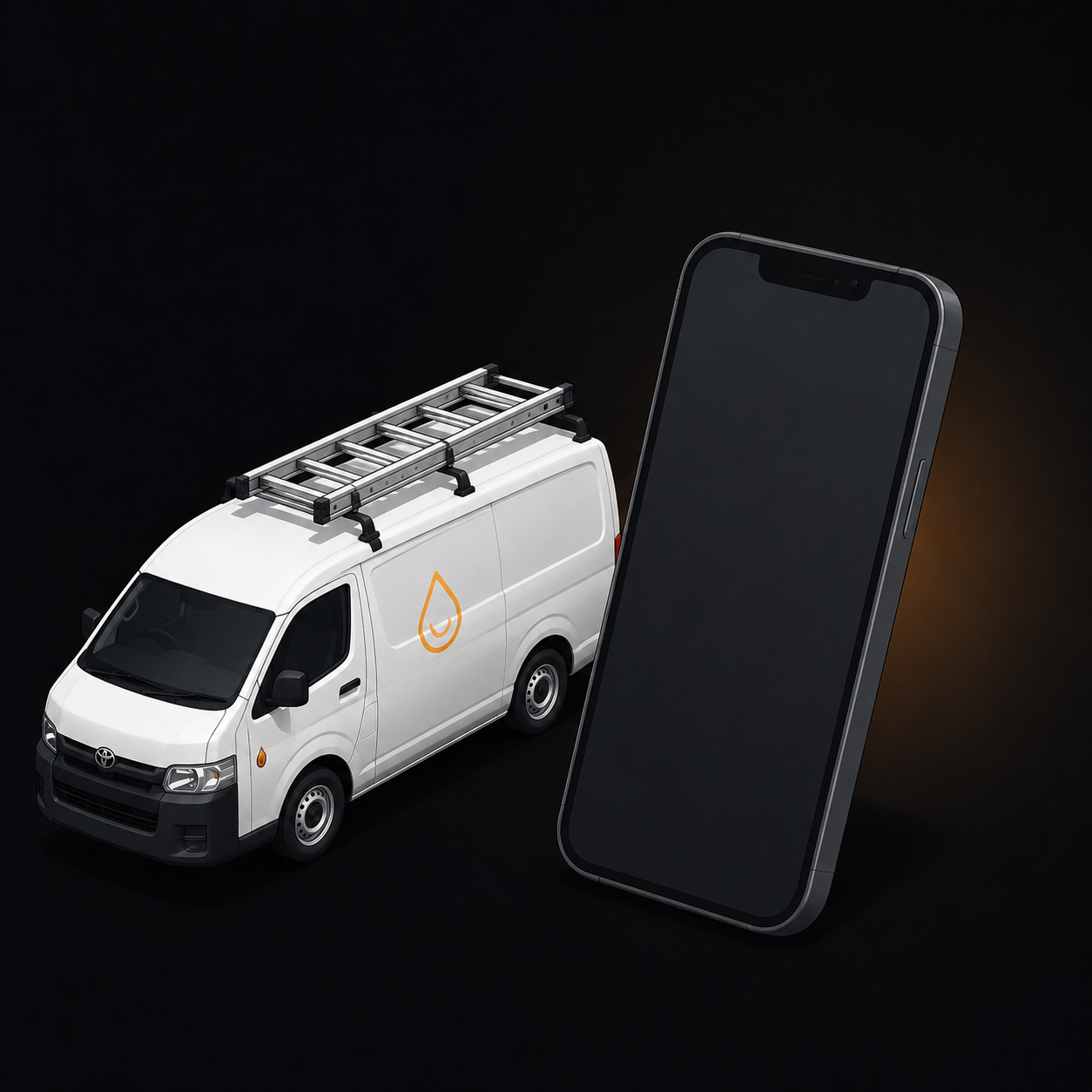 Isometric scene of a white tradie van beside a phone with an amber glow, showing quote follow-ups turning into a booked job.