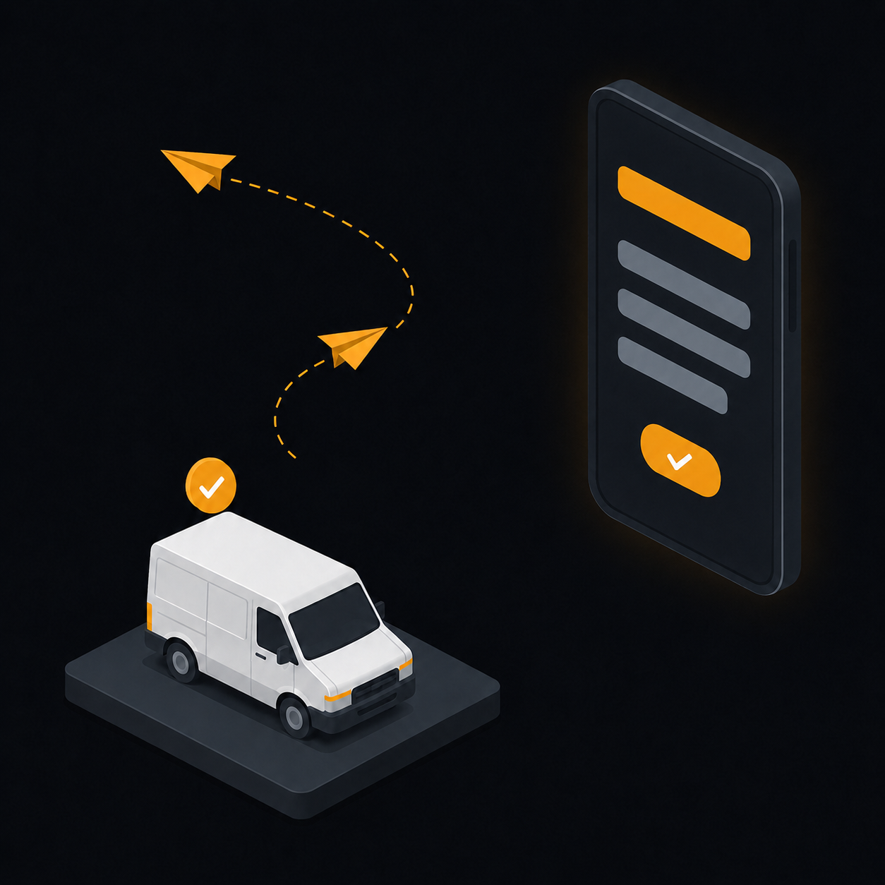 Isometric illustration of a tradie's van receiving a job confirmation from a phone sending quote follow-ups.